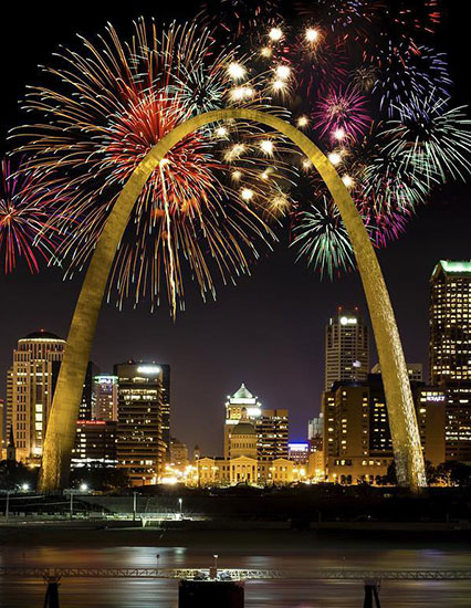 The St. Louis Arch with fireworks
